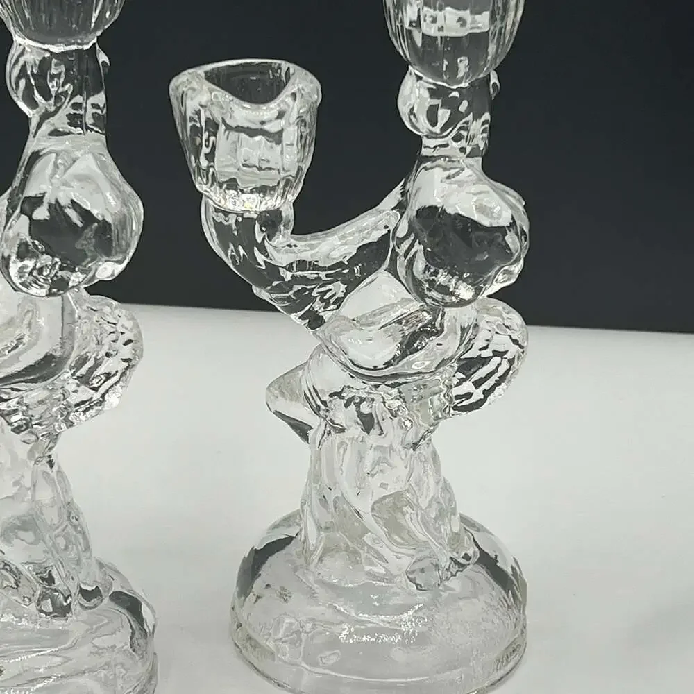Vintage Clear Glass Cherub Angel 2 Arms Candle Holder Set of 2 - ,Beautiful